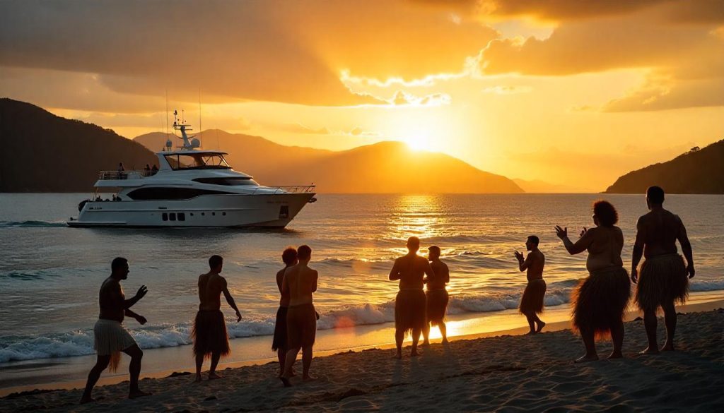 Maori haka performance near a yacht during yacht journeys with local culture in New Zealand.